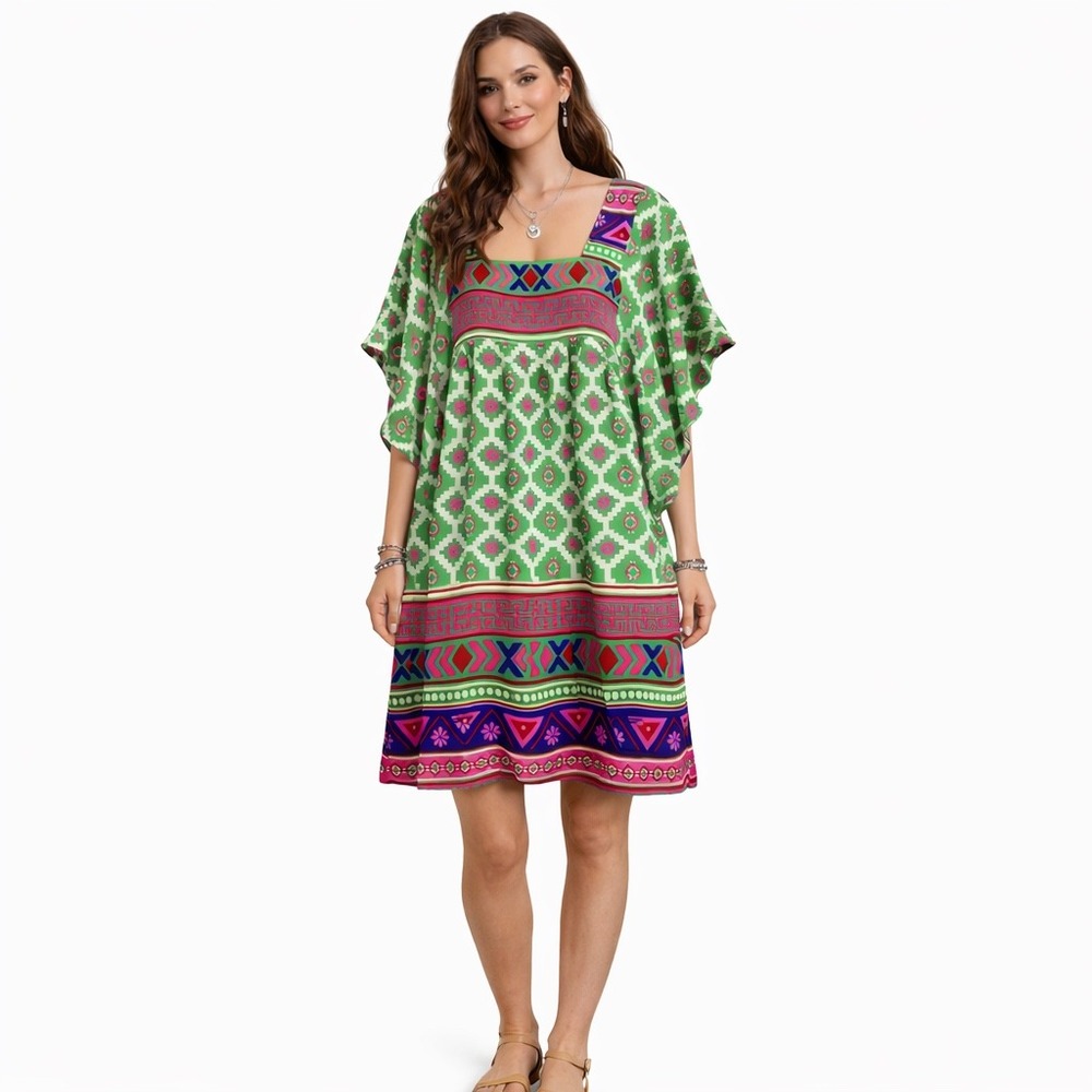Feather & Find Boho Luxe Bamboo‎ Kaftan Dress Green Geometric Print Size Medium